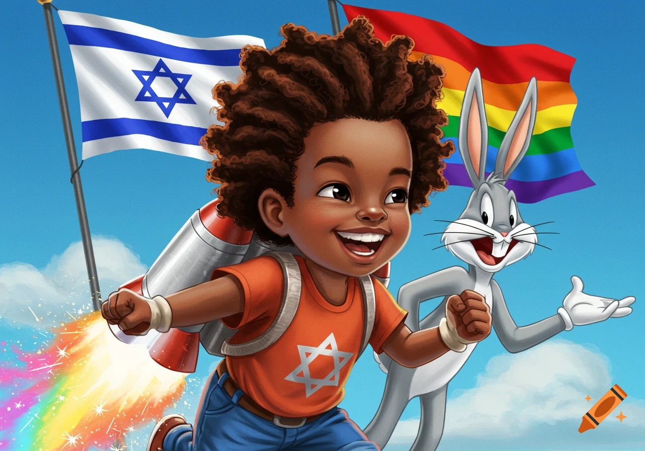 A smiling Black cartoon child with a jetpack flies through the sky, trailing a rainbow. Bugs Bunny runs beside them, while Israeli and LGBTQ flags wave in the background.