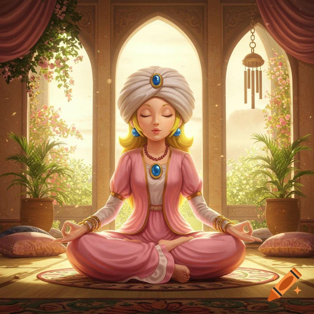 Princess Peach in a turban meditates in a lotus pose inside a sunlit room with arched windows and plants.