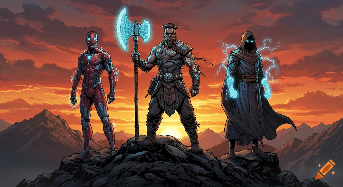 Three comic-book style superheroes: a red tech-suited figure, a warrior with a glowing axe, and a hooded lightning mage, stand on a mountain at sunset.