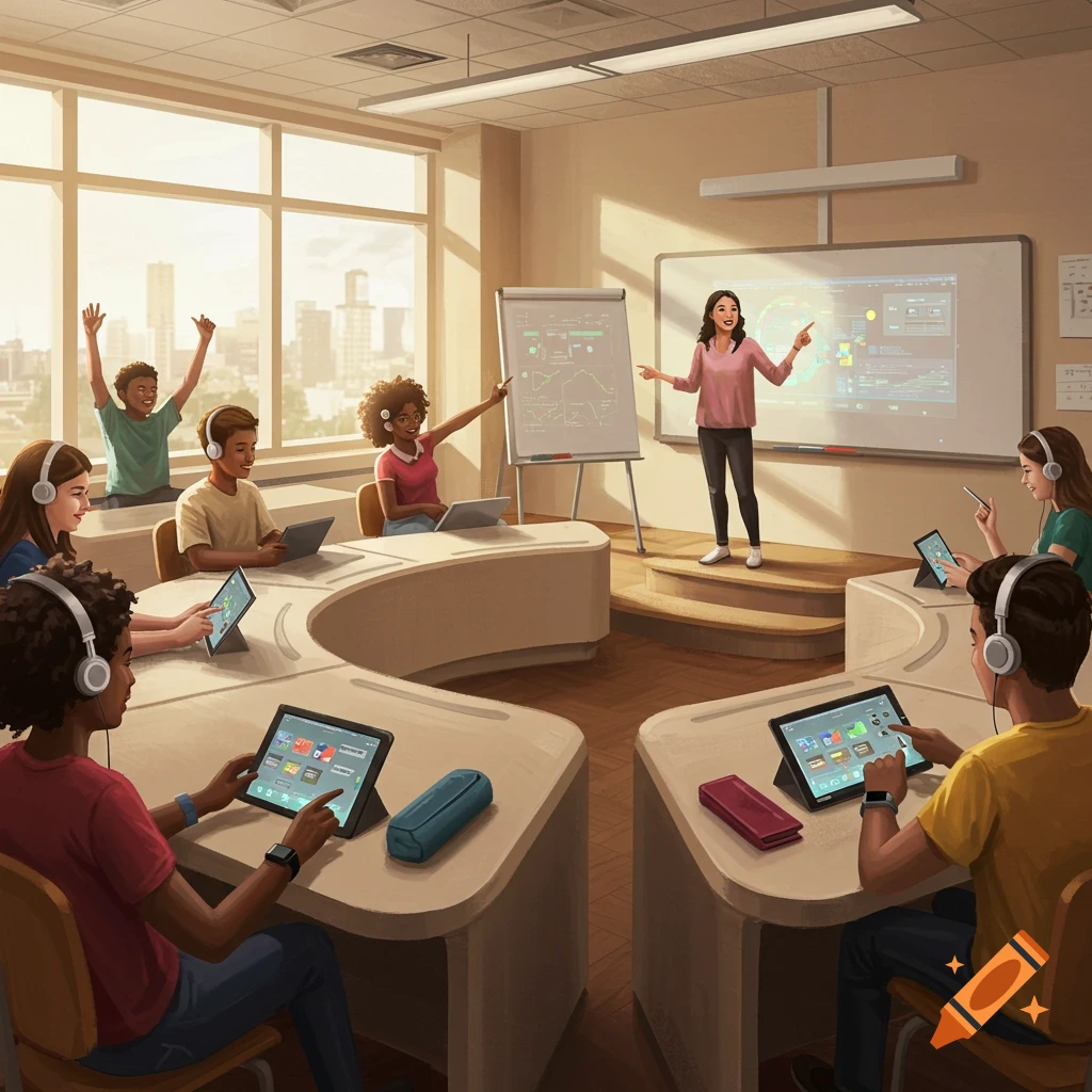 A diverse group of students in a modern classroom, all wearing headphones and using tablets. A teacher stands at the front by a whiteboard with graphs. Sunlight streams through large windows.