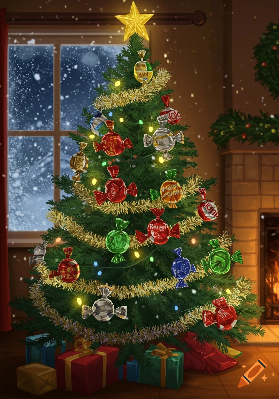 A festive Christmas tree adorned with colorful candy wrapper ornaments, lights, and gifts, with a snowy window and fireplace.
