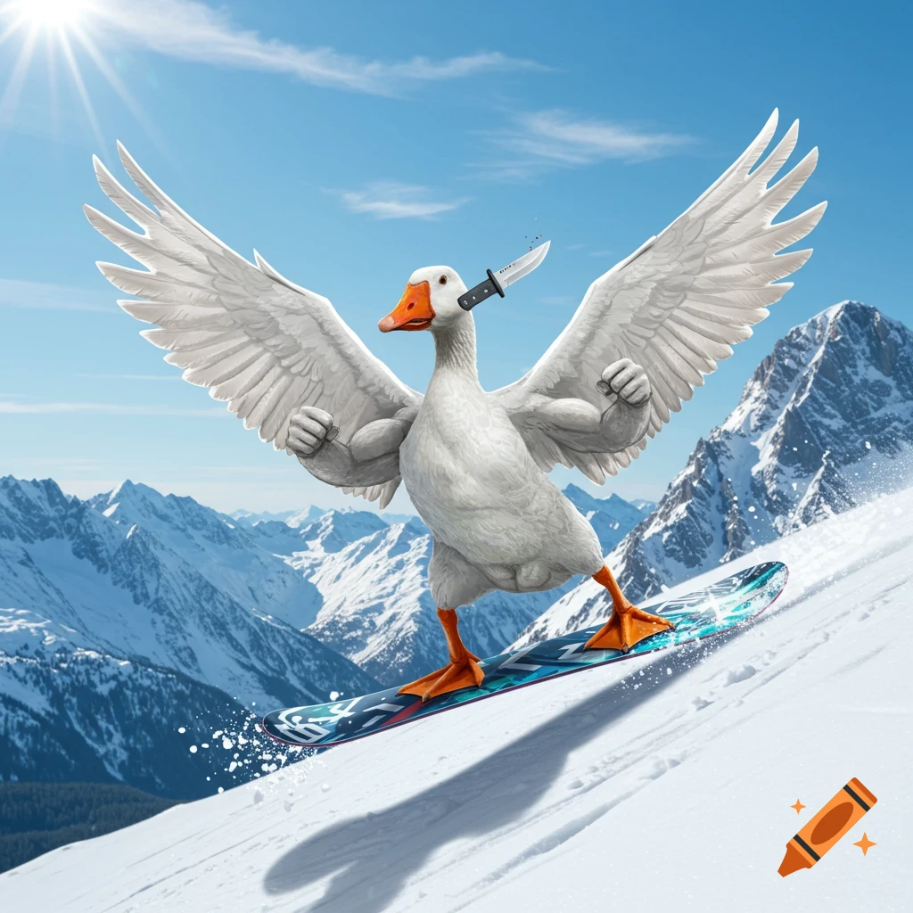 A muscular goose with a knife in its beak and spread wings snowboards down a sunny, snowy mountain.