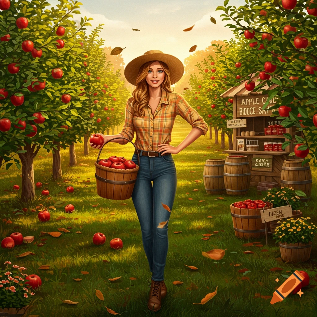 A smiling woman in a plaid shirt and jeans holds a basket of red apples in a sunny apple orchard with a farm stand.