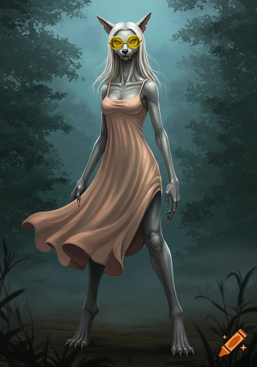 A lean, grey-skinned creature with a canine face, fangs, and long claws, wearing yellow sunglasses and a peach slip dress, standing in a misty forest.