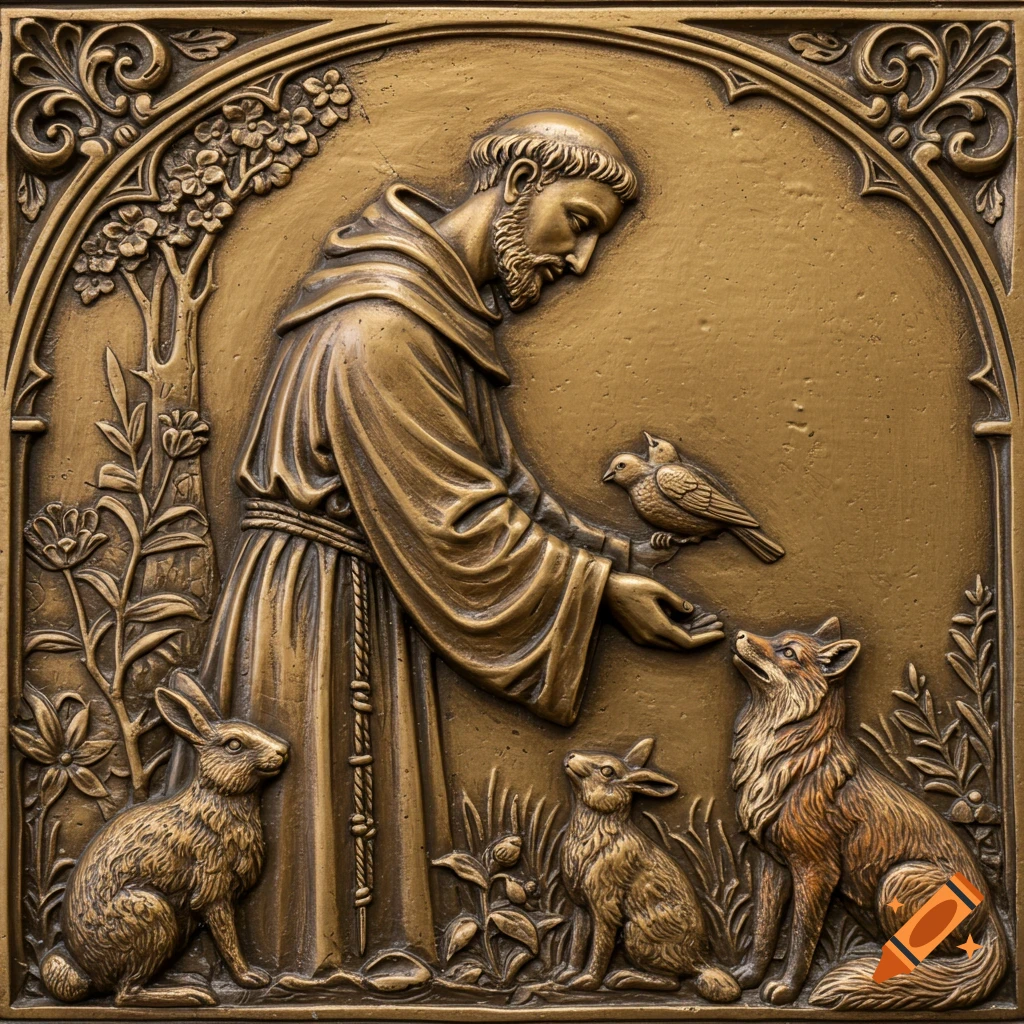 A bronze relief carving of St. Francis of Assisi surrounded by birds, rabbits, and a fox in a nature setting.