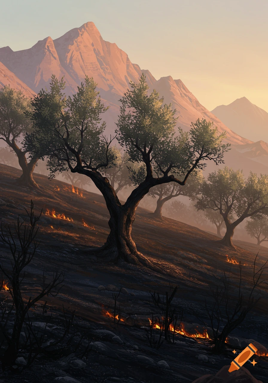 A landscape of olive trees on a burnt hillside with small fires, mountains in the warm background.