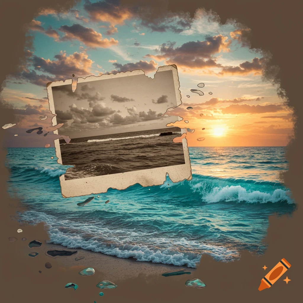 A sepia-toned vintage photo of ocean waves is partially torn over a vibrant sunset beach scene with blue waves crashing on the sand.