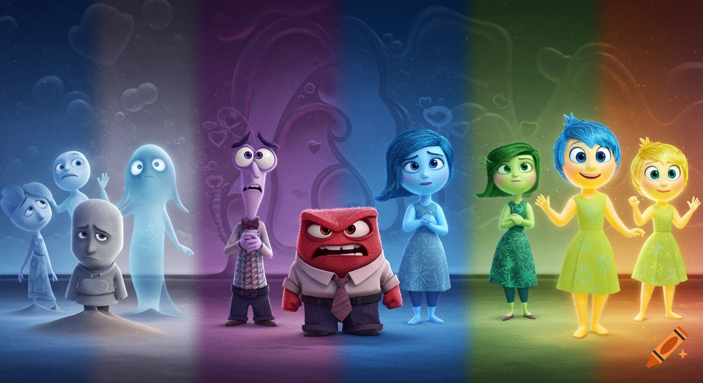 Pixar-style animated characters representing emotions like Joy, Anger, Fear, and Sadness, standing in a row against a color-gradient background.