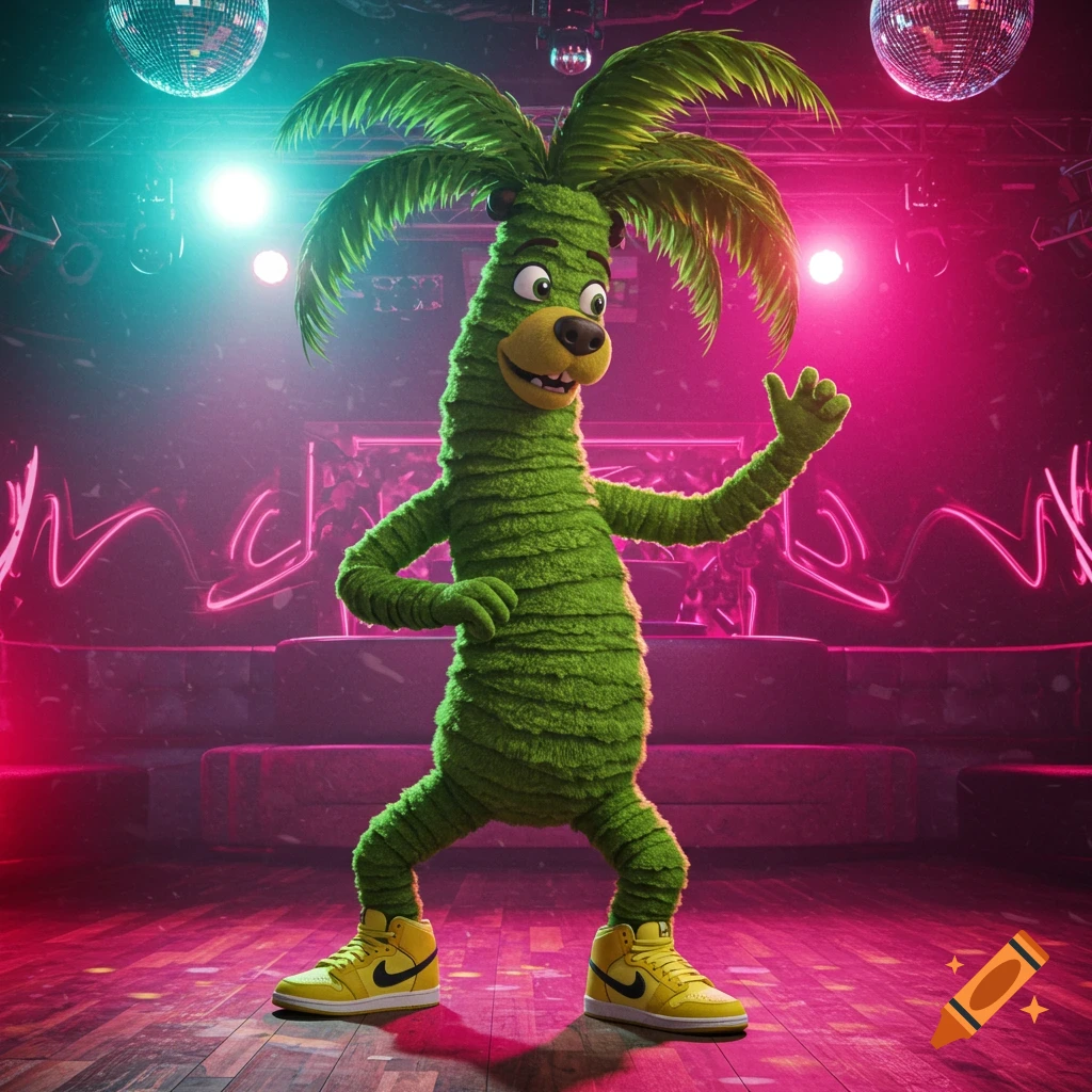 A cartoon palm tree character with a dog's face and yellow Nike sneakers dances in a vibrant pink and blue disco with disco balls.