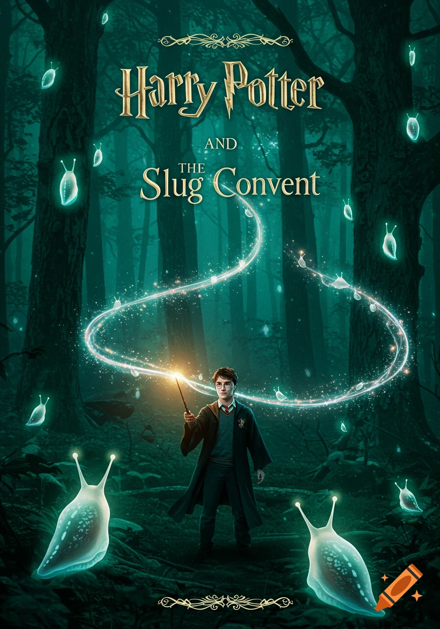 Harry Potter casts a spell in a dark magical forest surrounded by glowing slug-like creatures, a fantasy book cover illustration.