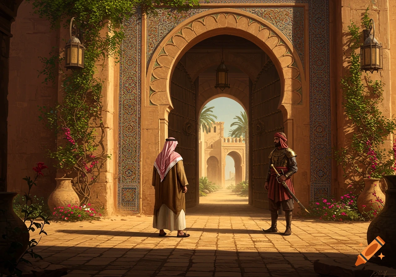 Two Arabian men, one in a robe and one in armor, stand by a grand tiled archway leading to a desert city.