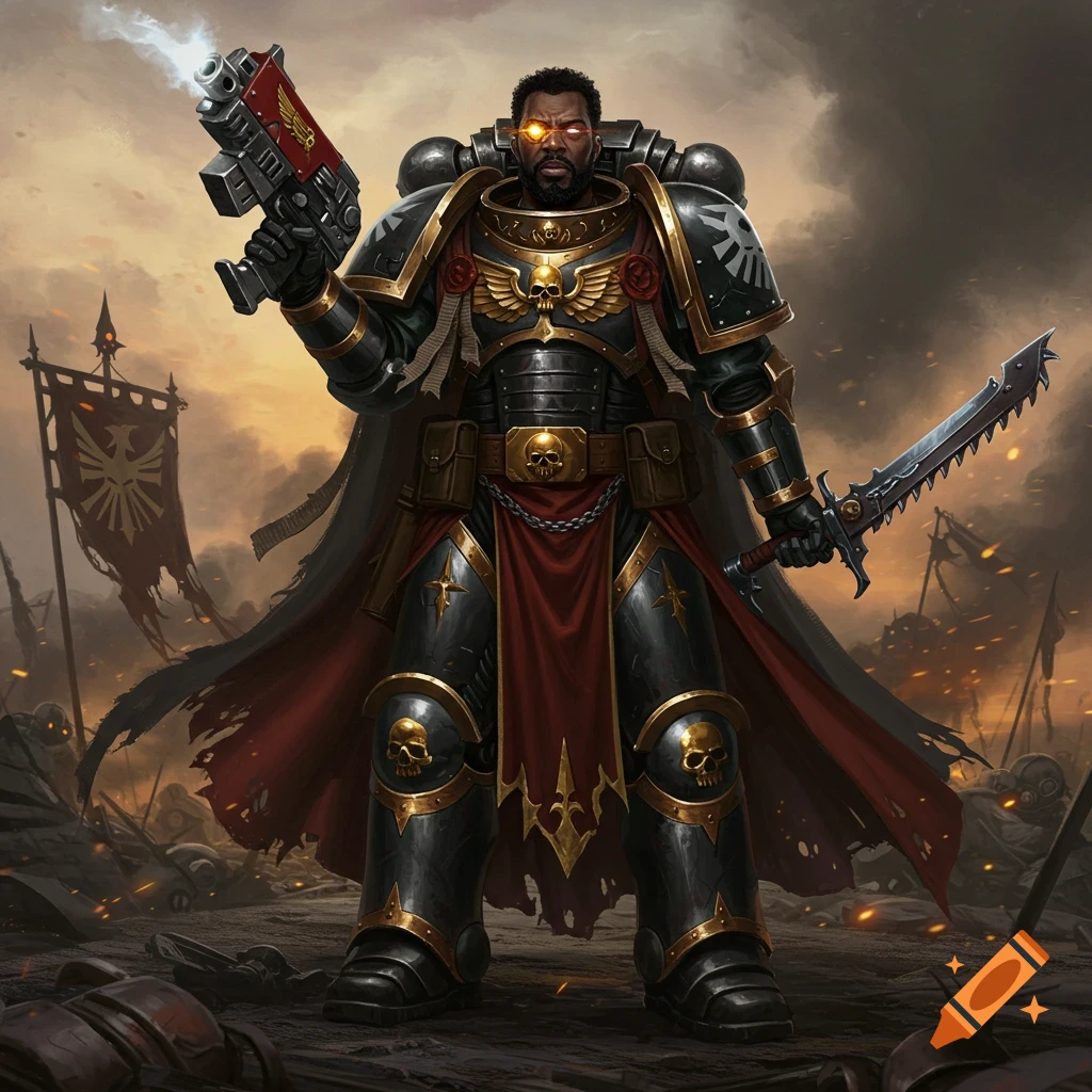 An African American space marine in black and gold armor, with a beard and a glowing gold eye, holding a pistol and a chain sword on a battlefield.