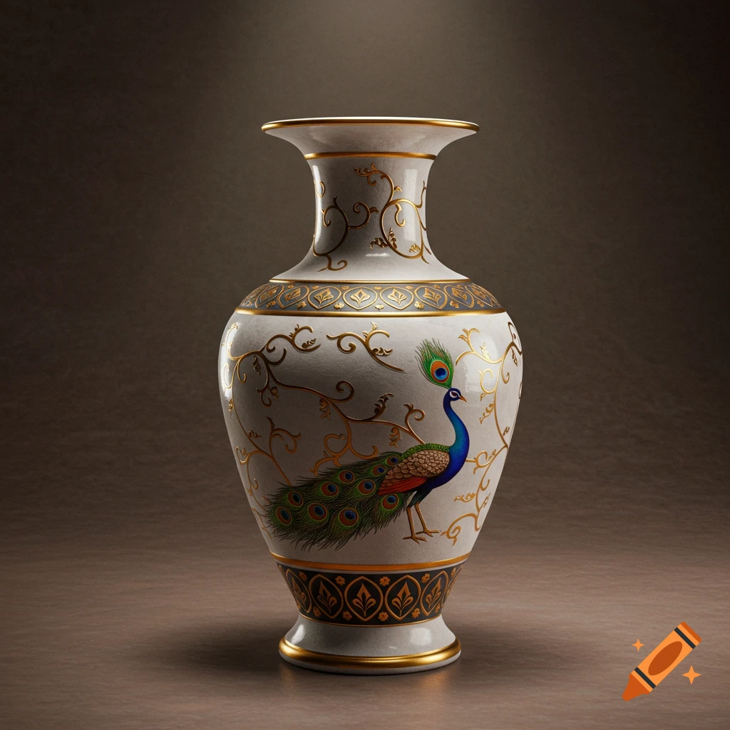 An ornate white East Indian vase with gold scrolling patterns and a colorful peacock design, set against a dark brown background.