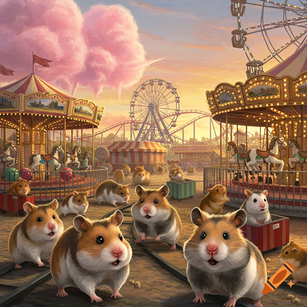 Many hamsters explore a vibrant amusement park with carousels, a Ferris wheel, and roller coasters under a cotton candy sky.