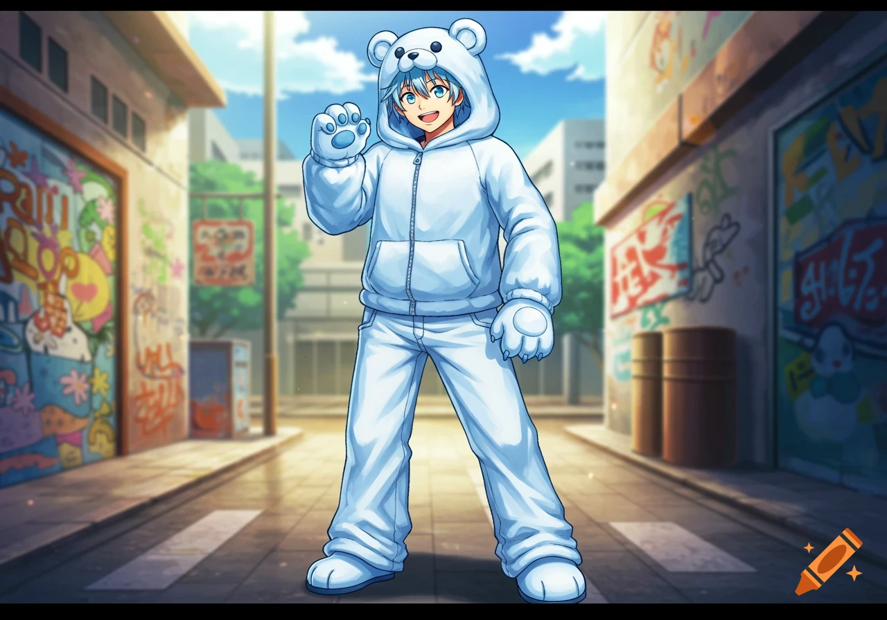 A male anime character in a white polar bear hoodie and jeans poses on a street with graffiti-covered walls.