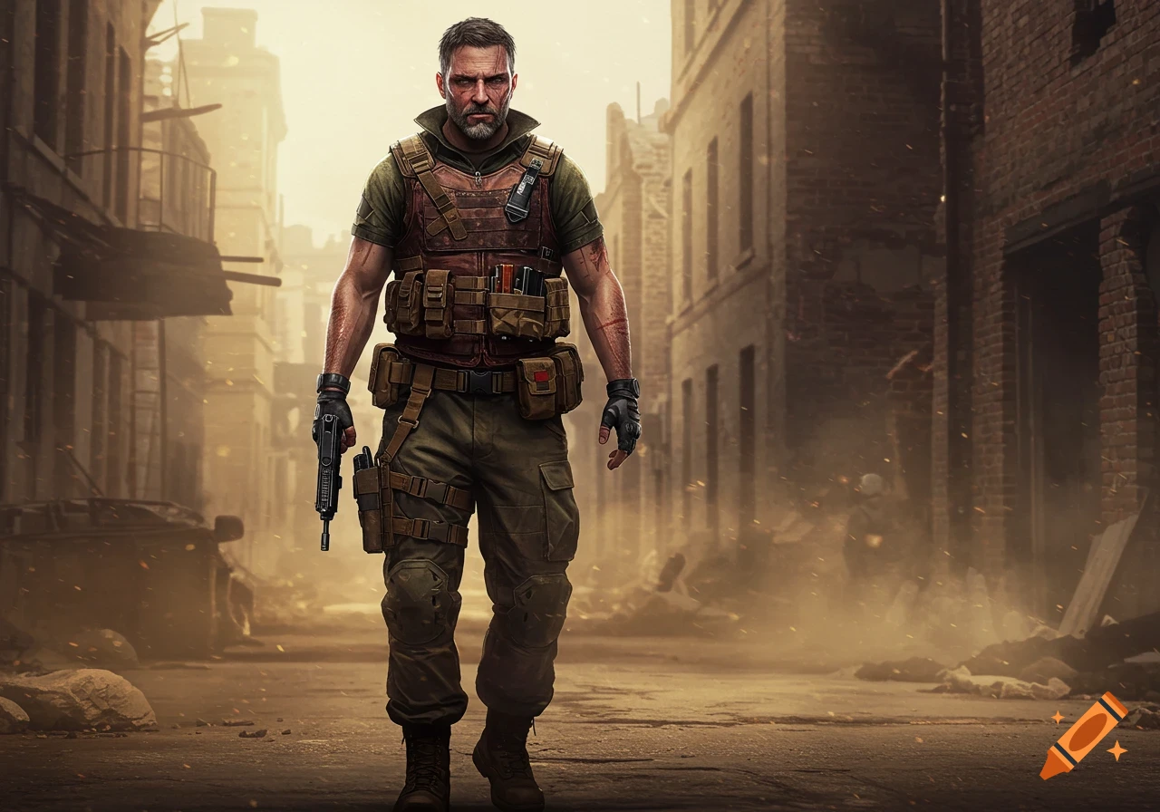 A photorealistic depiction of a grizzled mercenary in tactical gear, holding a pistol, stands in a dusty, war-torn city street.