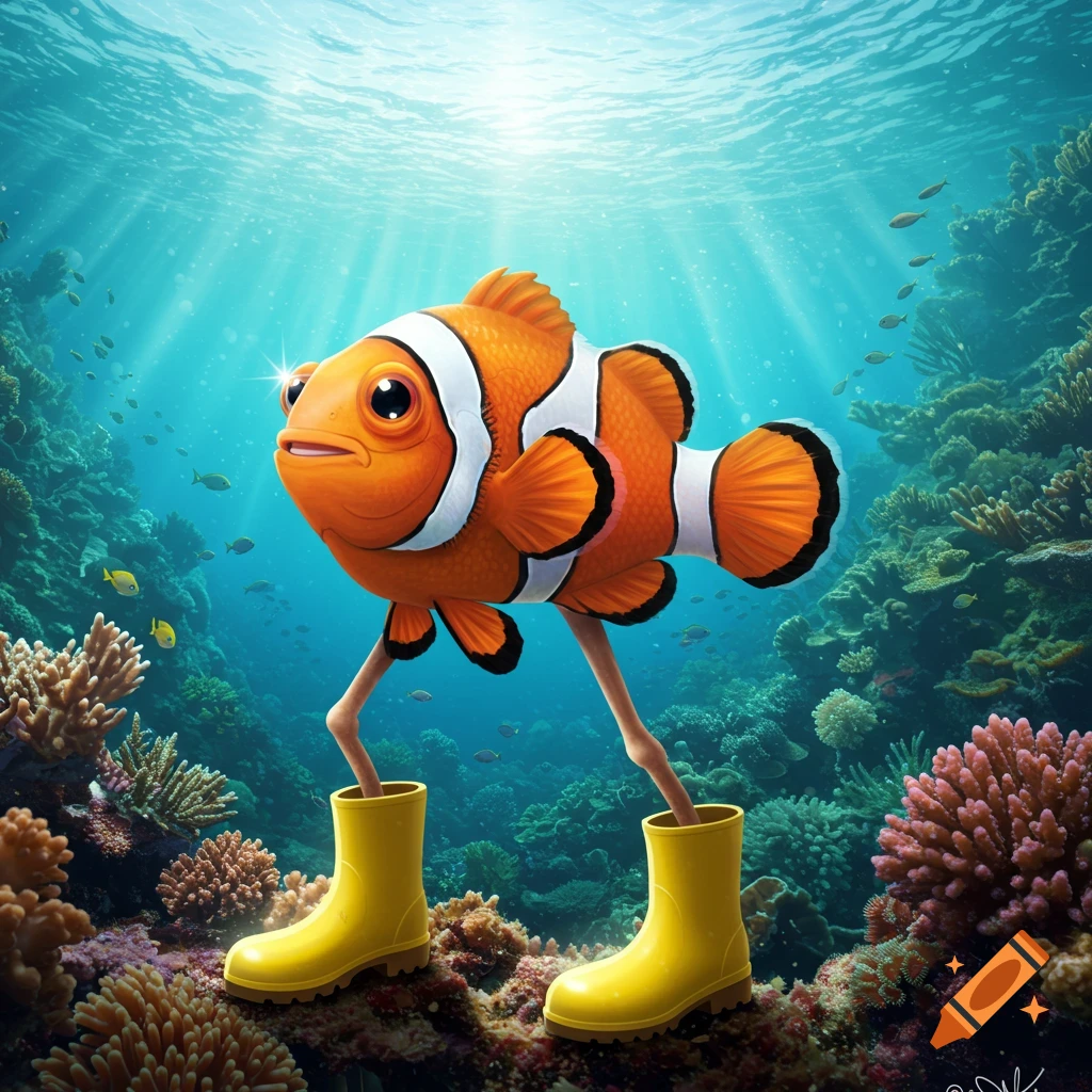A clownfish with skinny legs and bright yellow rain boots stands on a vibrant coral reef in clear blue ocean water with sunrays.