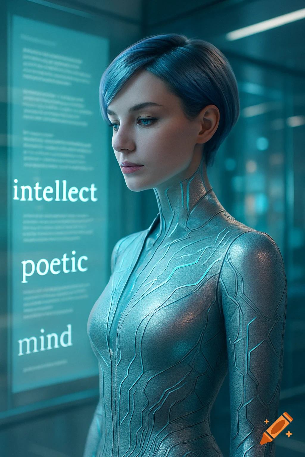 Photorealistic futuristic woman with blue hair and a metallic suit, looking at a holographic screen displaying 'intellect', 'poetic', 'mind'.