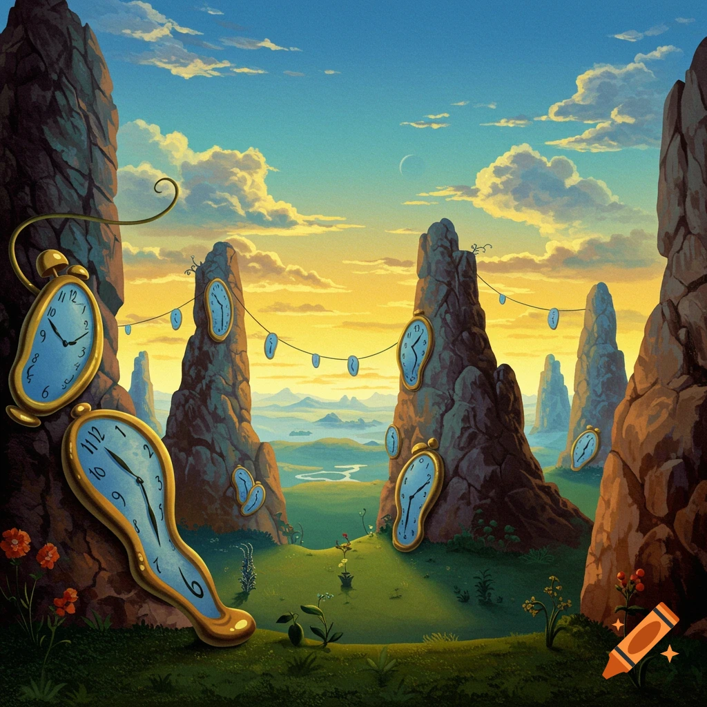 A vibrant, surreal landscape painting featuring melting clocks draped on rocky pillars and a green valley, inspired by Salvador Dal\u00ed.