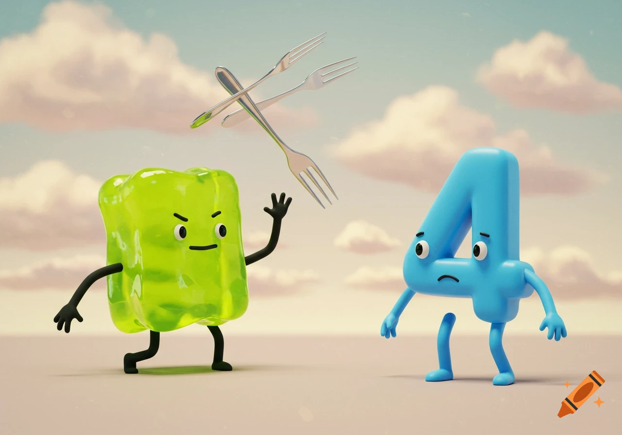 A whimsical 3D render of a green gelatin character throwing forks at a worried blue number four character under a cloudy sky.