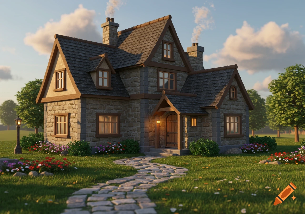 A charming 3D rendered stone house with a gable roof, surrounded by green grass, colorful flowers, and trees under a partly cloudy sky.