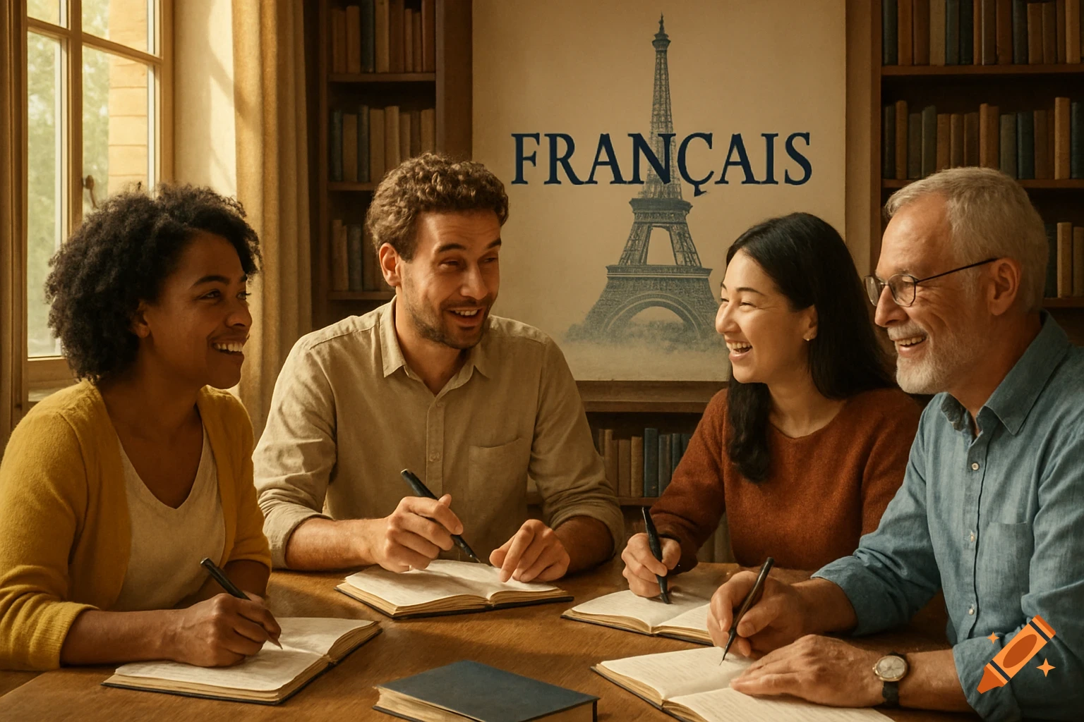 A diverse group of adults happily learning French around a table, with a drawing of the Eiffel Tower and 'FRANÇAIS' on the wall.