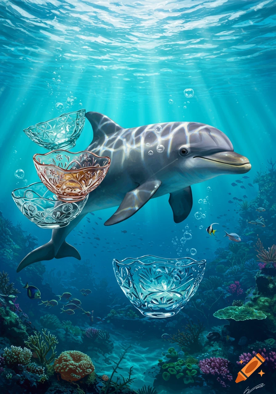 A grey dolphin swims underwater amidst coral and fish, with three crystal bowls stacked near its side and one floating below it, light rays from the surface.