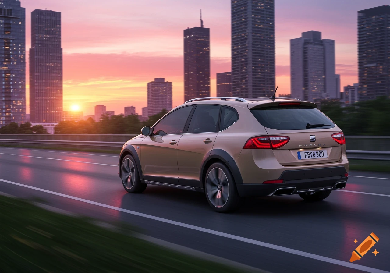A beige crossover car drives on a highway at sunset, with a city skyline in the background and motion blur on the road.