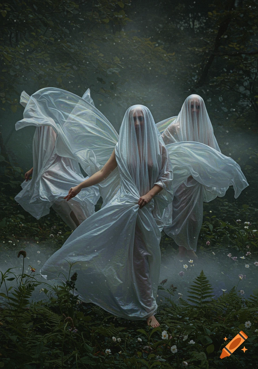 Three ethereal veiled figures stand in a misty, dark forest, with light particles falling around them.