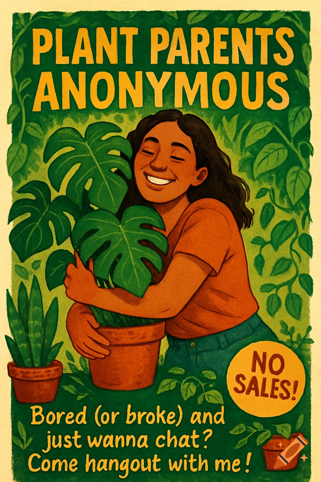 A smiling woman hugs a monstera plant, surrounded by other plants, on a flyer titled "Plant Parents Anonymous" with additional text.