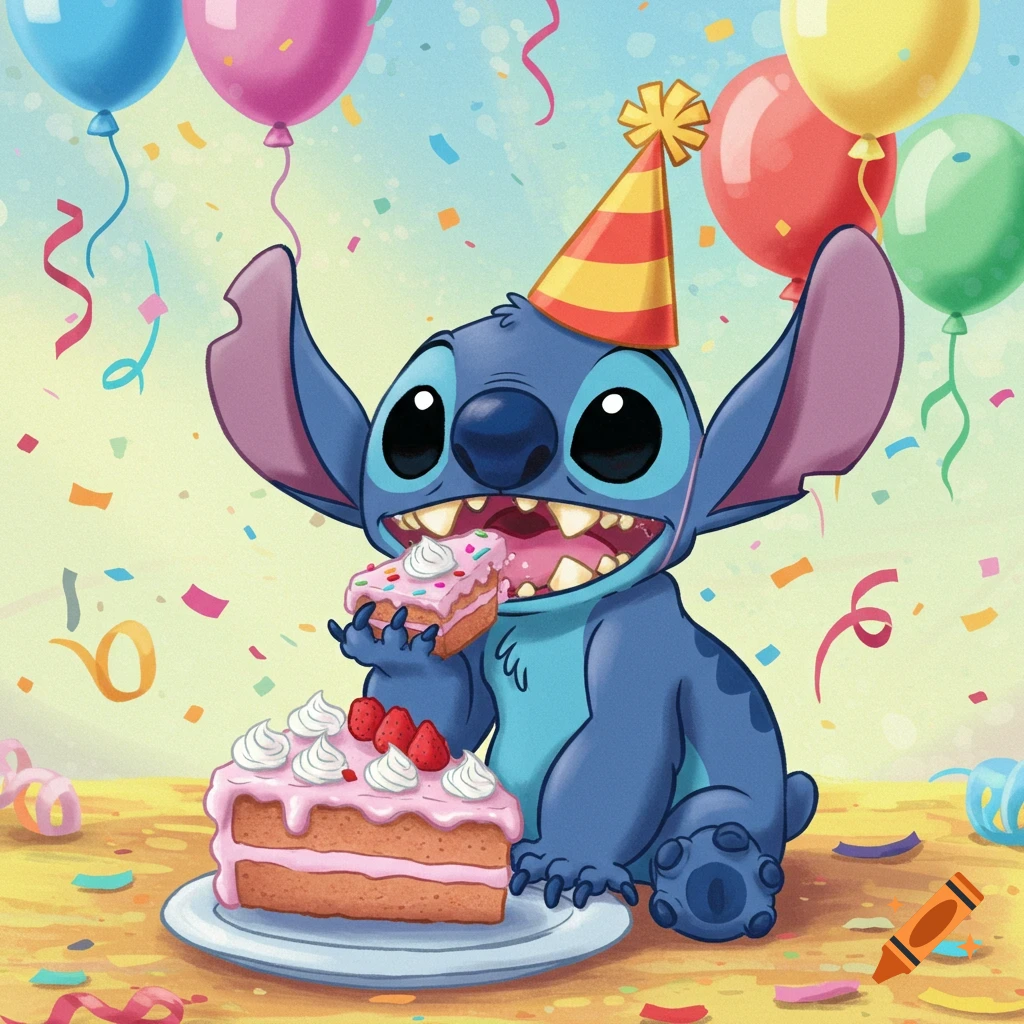 Cartoon illustration of Stitch wearing a party hat, happily eating a slice of pink cake amidst confetti and balloons.