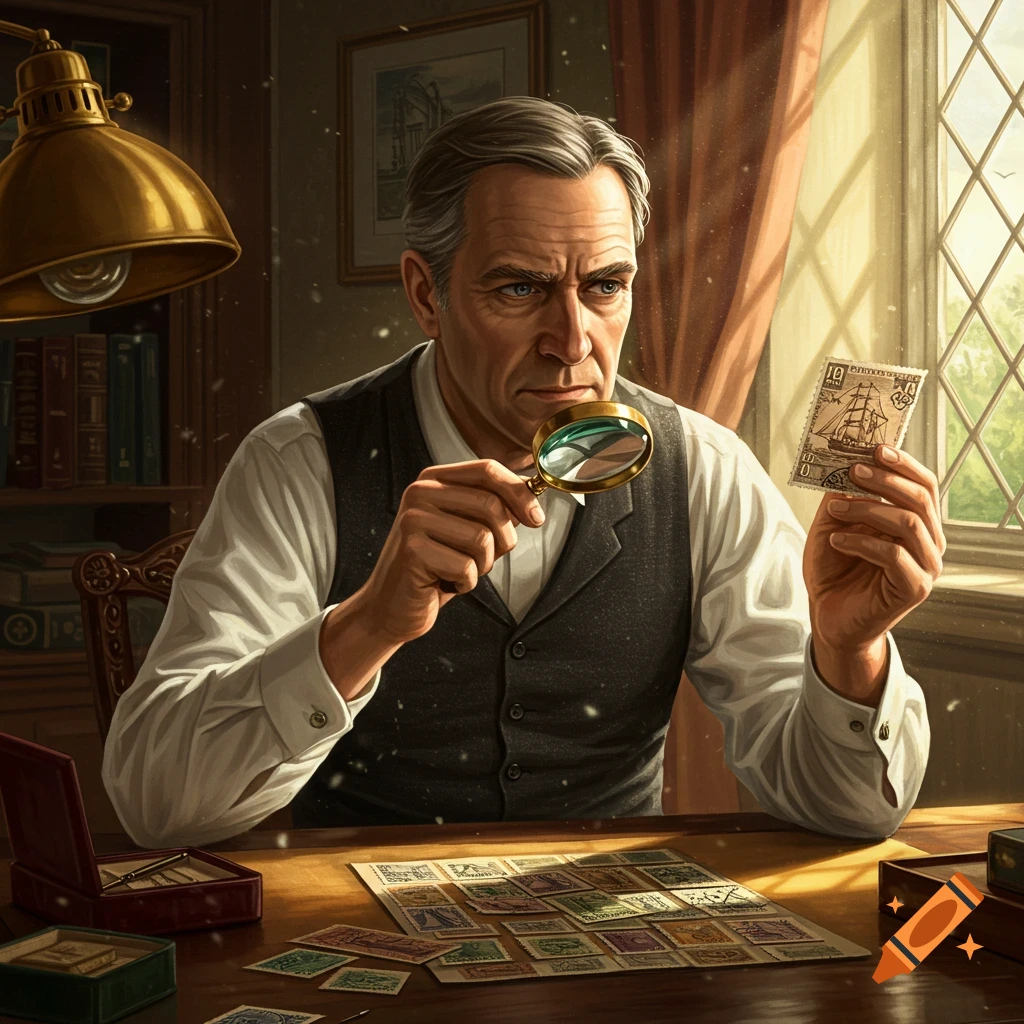A serious older man with gray hair examines a vintage postal stamp with a magnifying glass at a wooden desk filled with other stamps.