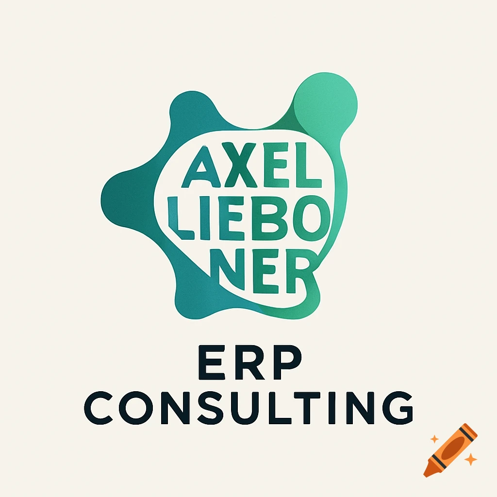 A modern logo featuring a gradient green blob-like shape with the text "AXEL LIEBONER" and "ERP CONSULTING" below it.