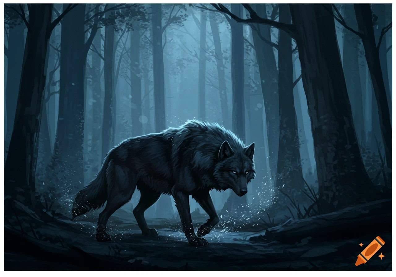 An illustrative painting of a black wolf with glowing blue eyes stalking through a dark, misty forest at night.
