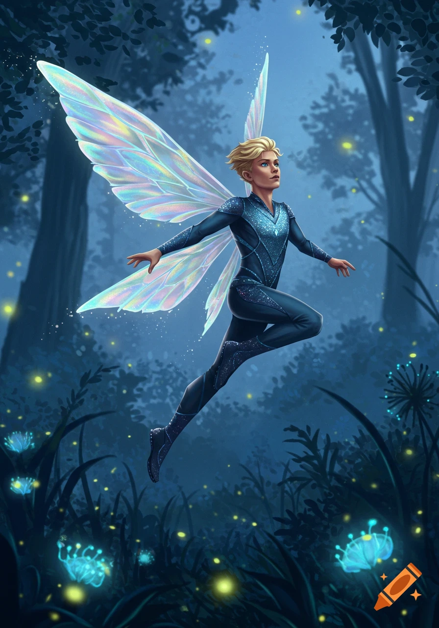 A blonde male fairy with iridescent wings floats in a magical blue forest at night with glowing plants and fireflies, in a digital art style.