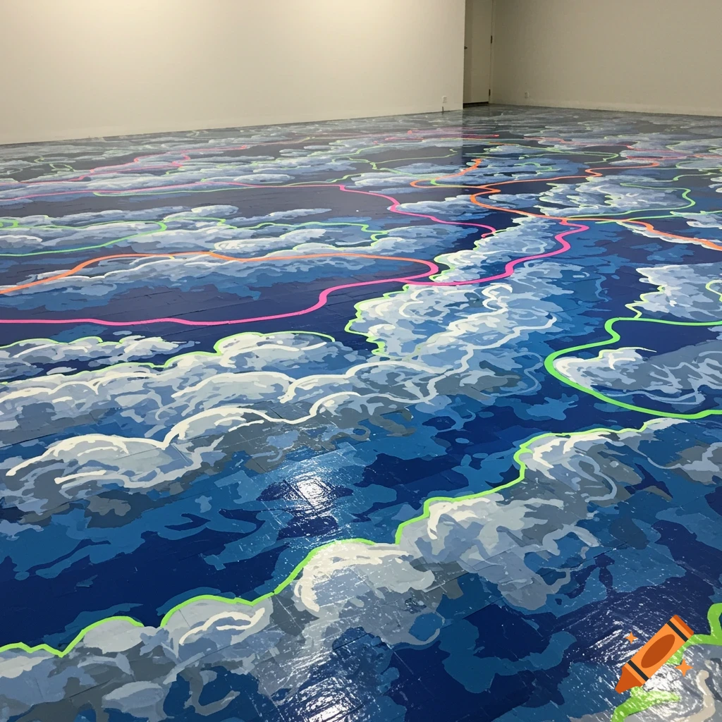 A floor painted with an abstract cloud design in shades of blue, white, and gray, accented with neon pink, orange, and green lines, all with a glossy finish.
