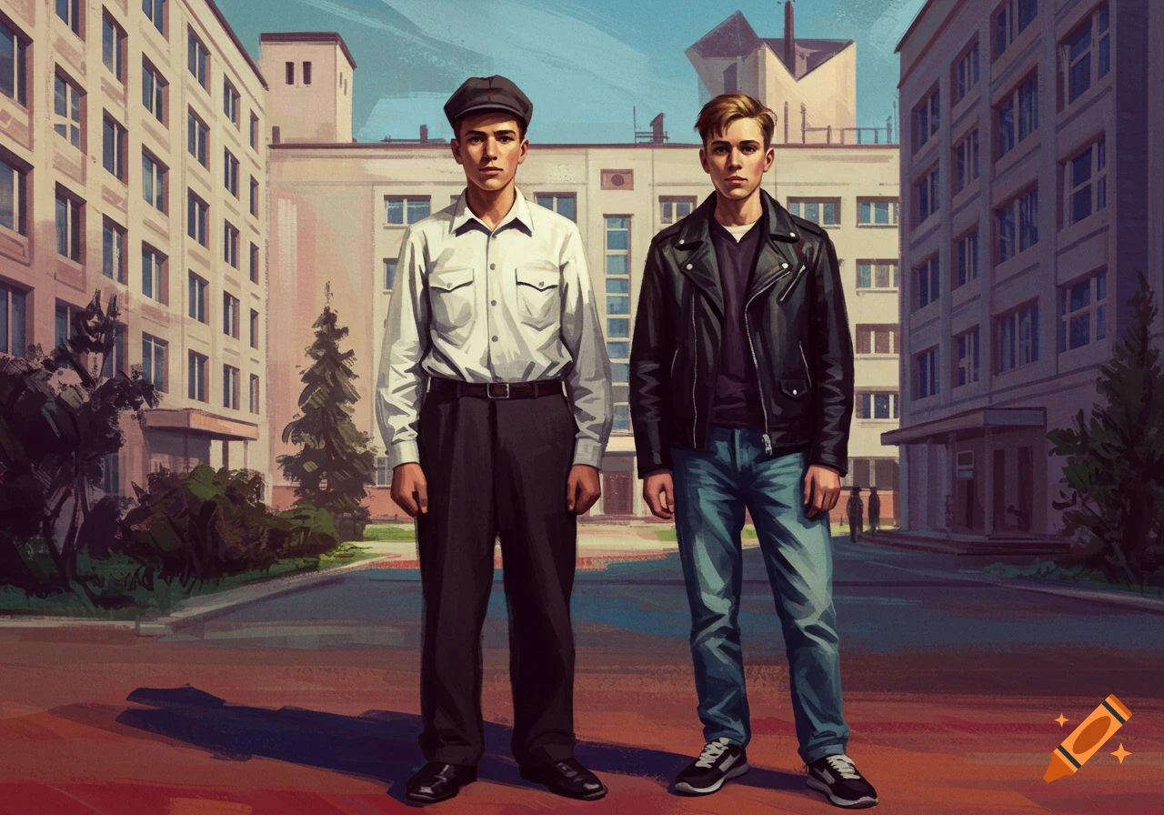 Illustration of a man in a white shirt and cap next to a man in a black leather jacket, standing in front of large buildings.