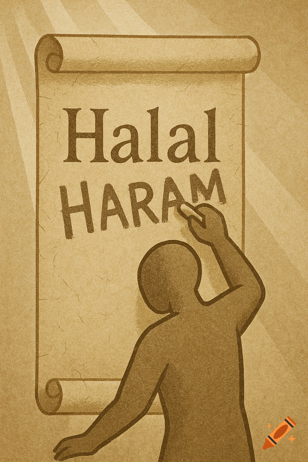 A sepia-toned symbolic illustration of a stylized figure writing 'HARAM' over 'Halal' on an old parchment scroll.