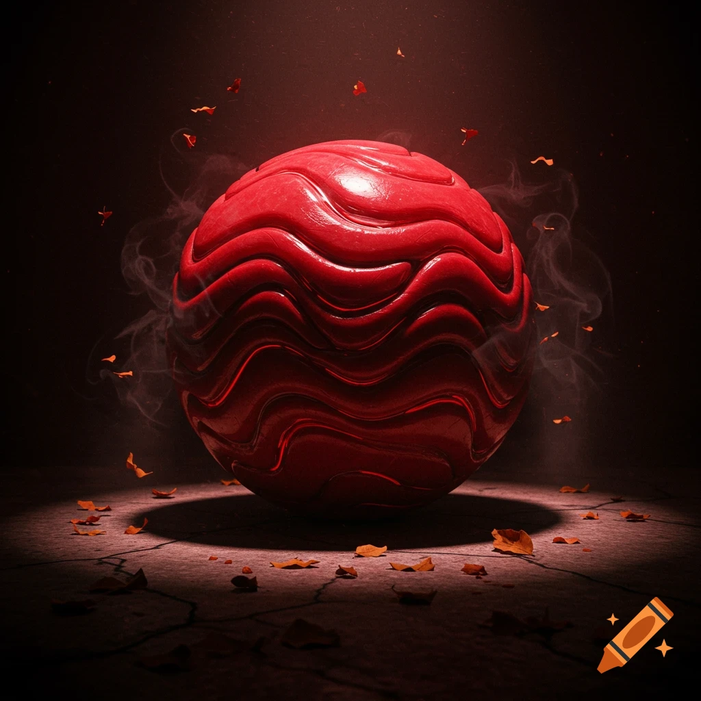 A red, brain-like textured sphere glows on cracked ground, surrounded by smoke and falling leaves in a dark, mysterious setting.