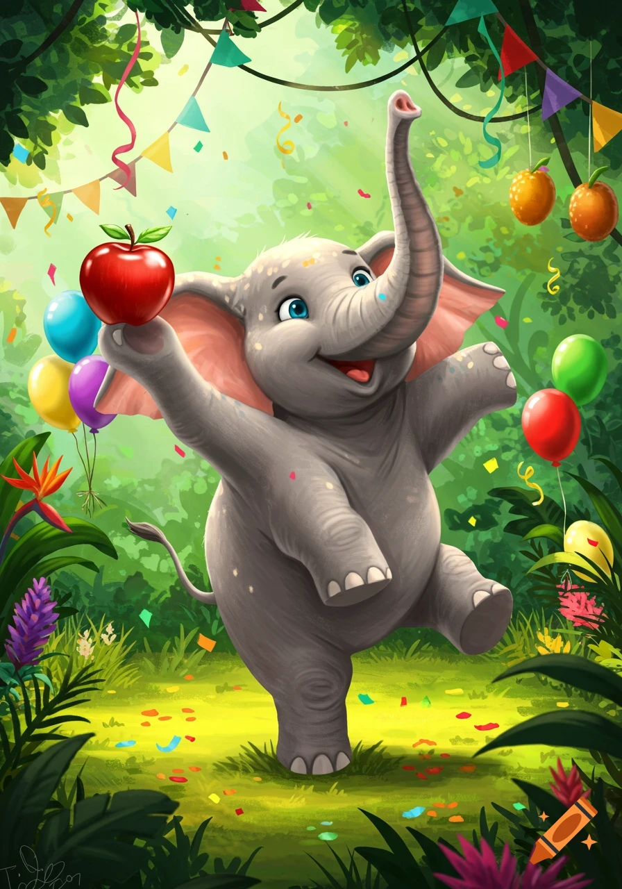 Happy cartoon elephant dancing in a vibrant jungle party, holding a red apple amidst balloons and confetti.