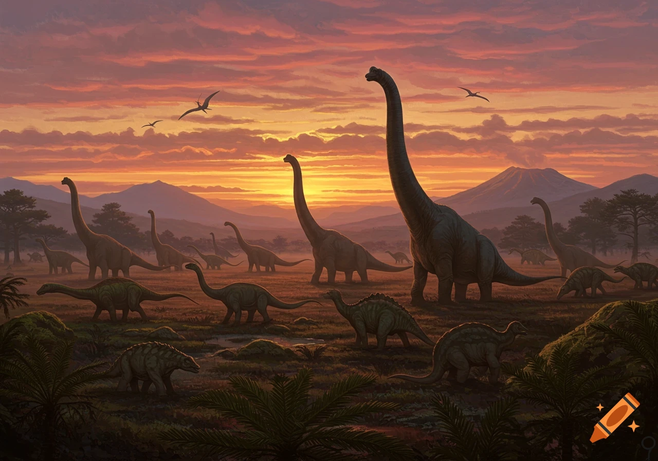 A herd of various dinosaurs, including long-necked sauropods, grazing in a prehistoric landscape at sunset with mountains.