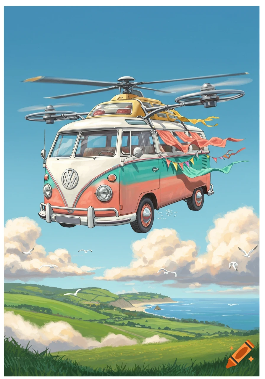 An illustrated pastel-colored VW microbus with helicopter rotors and streamers flying over a green coastal landscape.