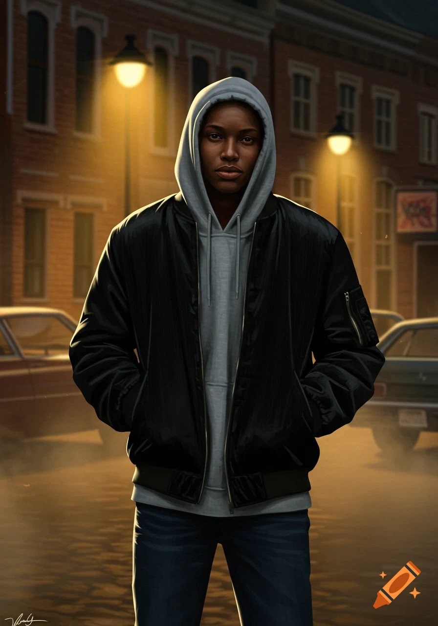 A person in an 80s-inspired outfit, wearing a grey hoodie and black bomber jacket, stands under streetlights at dusk.