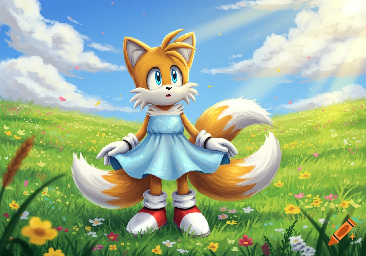 Tails the fox in a blue sundress stands in a vibrant green field with flowers under a blue sky and white clouds, digital art.