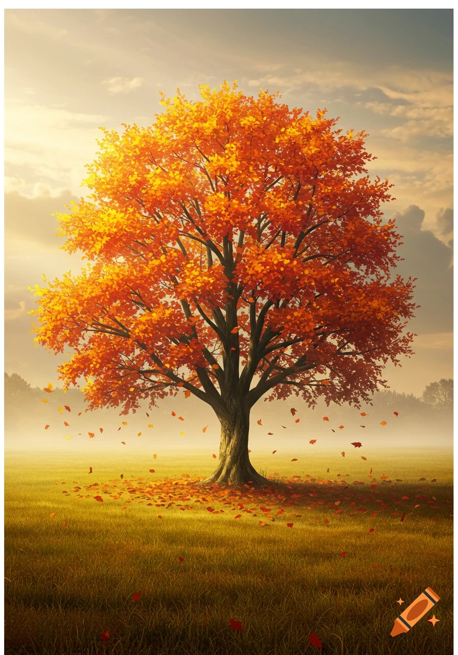 A vibrant orange-leafed autumn tree stands prominently in a grassy field with scattered fallen leaves under a hazy sky.