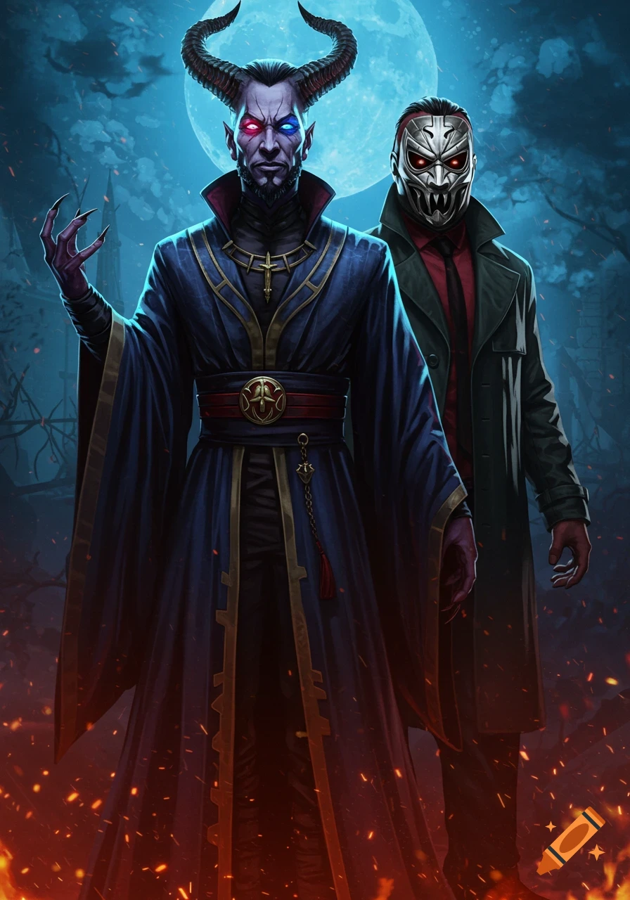A horned demon in a blue robe with claws stands with a masked man in a trench coat, under a full moon with fire, digital art.