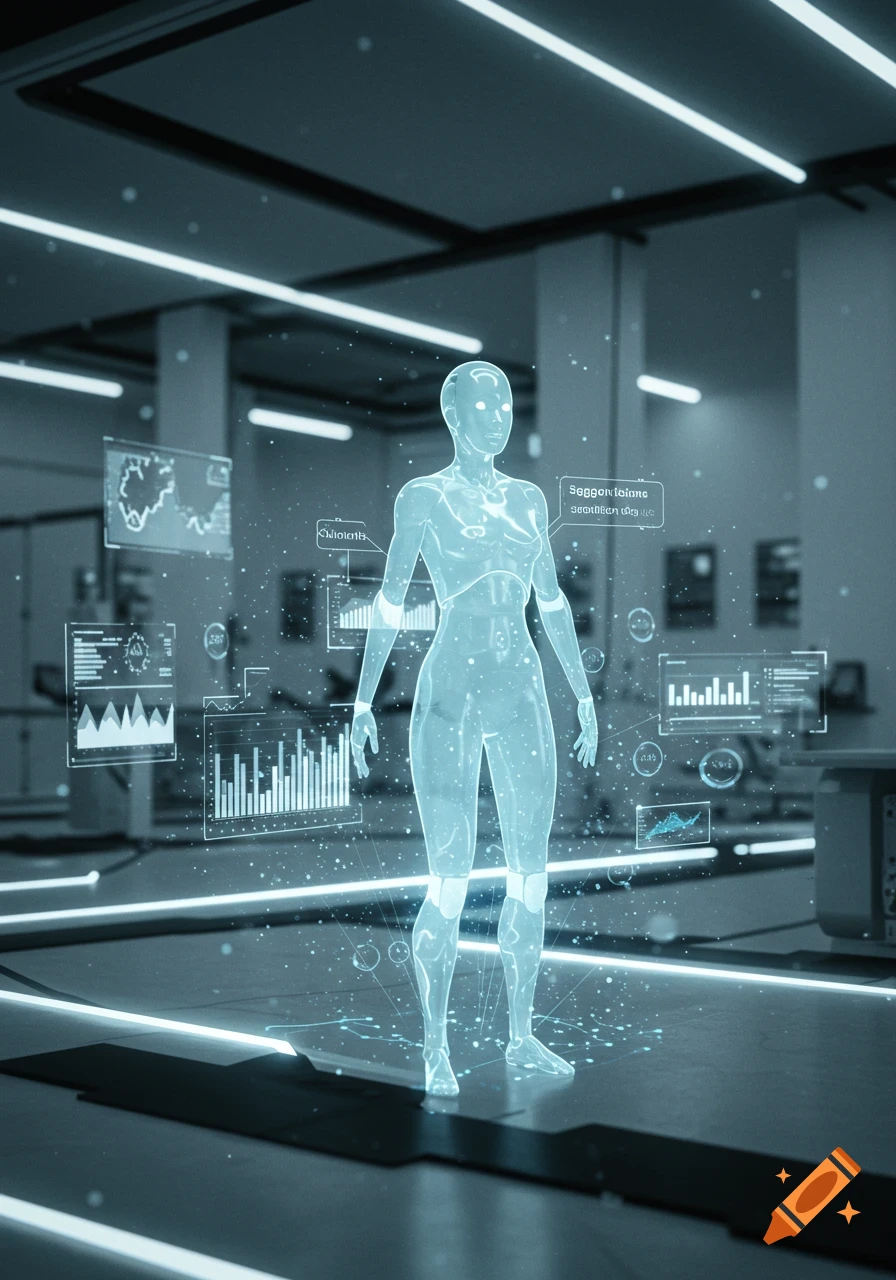 A glowing blue holographic human figure stands surrounded by floating data screens and glowing particles in a futuristic setting.