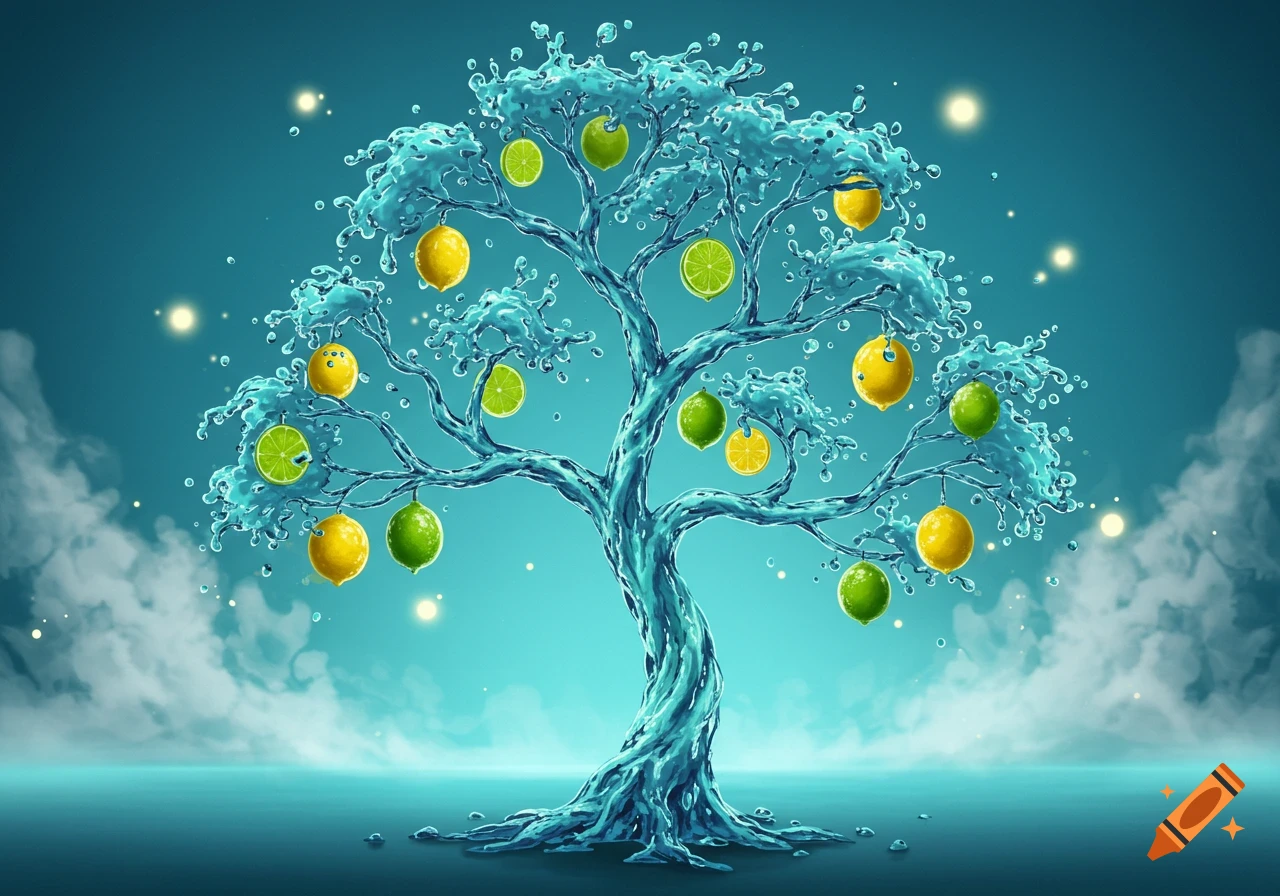 A fantastical tree made of glistening water, adorned with vibrant lemons and limes, against a glowing blue background.
