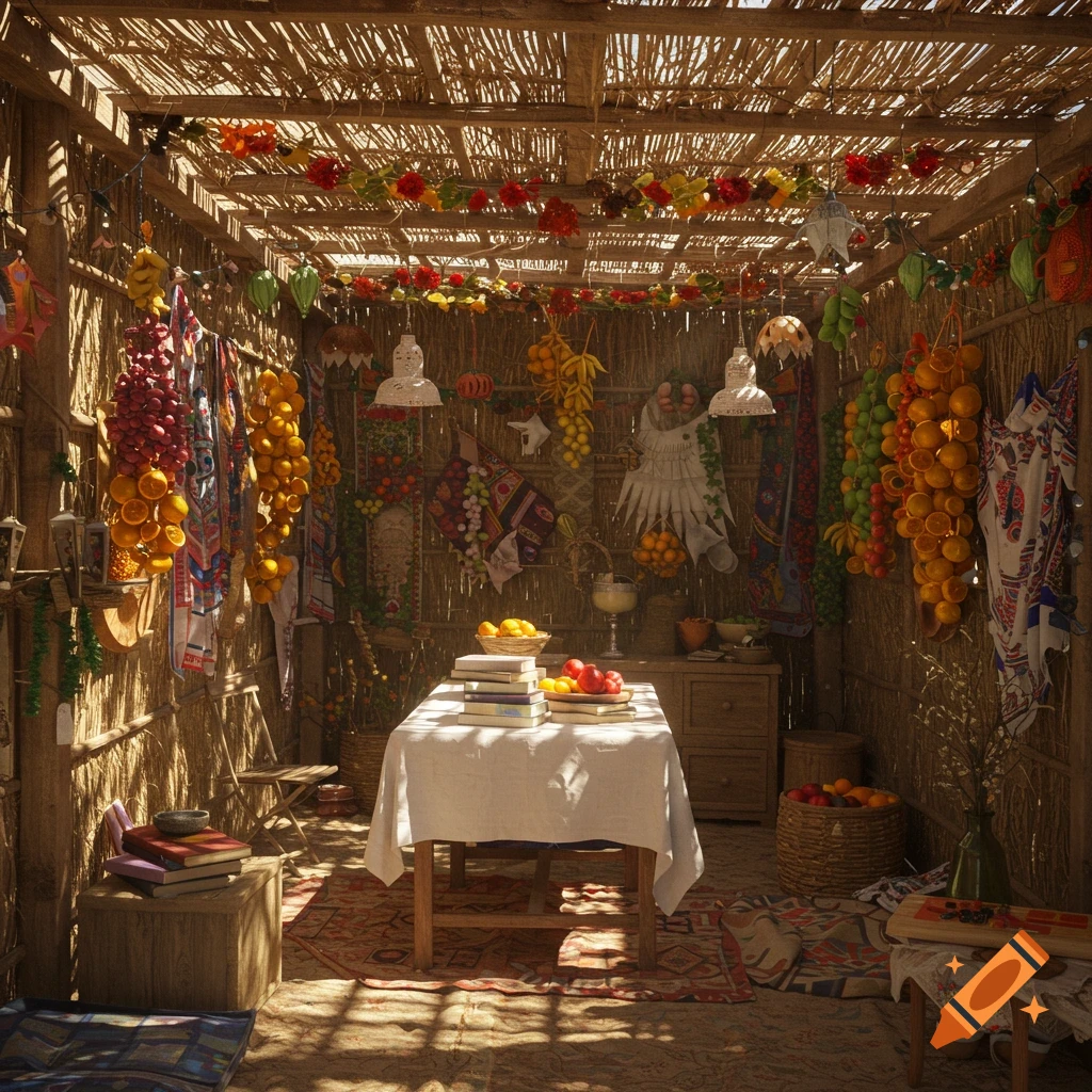 A warm, sunlit sukkah interior with a table, books, and colorful hanging fruit decorations, photorealistic.