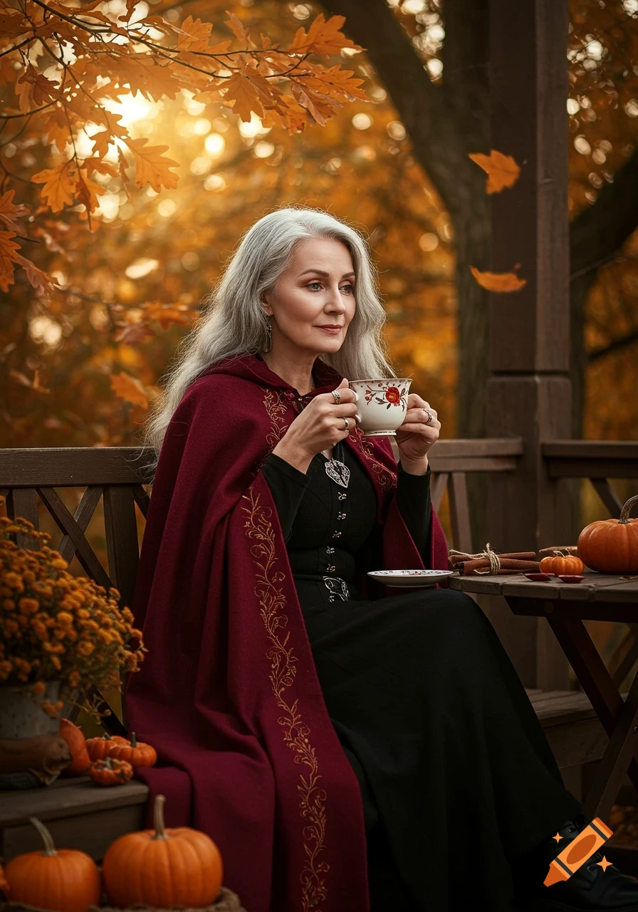 A photorealistic image of a gray-haired woman in a red cloak drinking tea on an autumn porch with pumpkins.